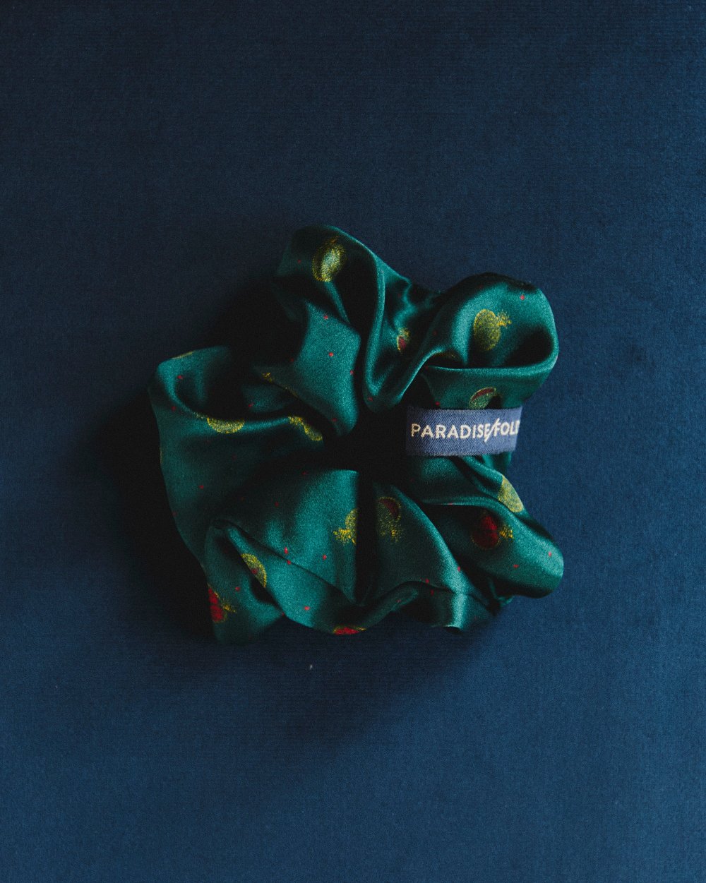 Giant Pomegranates silk scrunchie no-snag hair tie, pure mulberry silk, handmade in London by Paradisefold