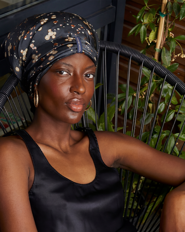At Roulettes Fold silk hair and head wrap, reversible design showing second print