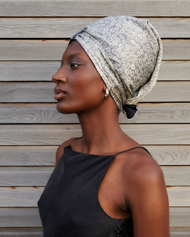 Fragments In Time Fold silk hair wrap worn as a bandanna, versatile daytime styling