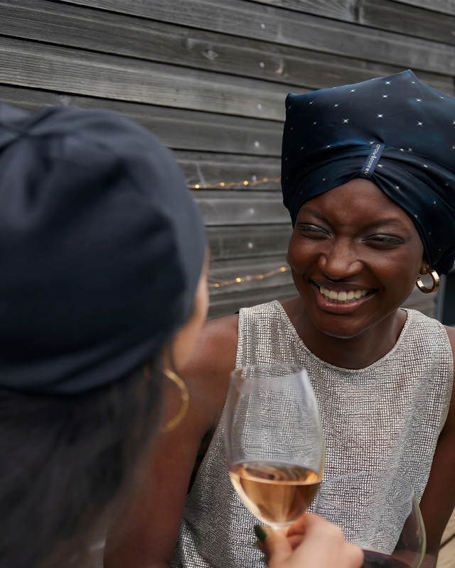 Intimacy Tales silk hair wrap worn as a bandanna, versatile daytime styling