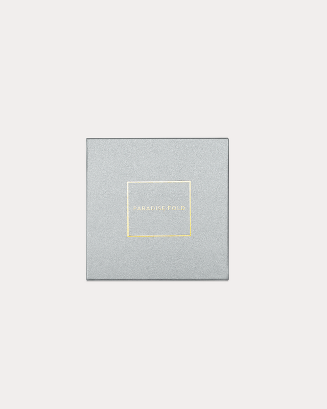 Paradisefold silver gift box with gold logo, luxury silk accessories handmade in London