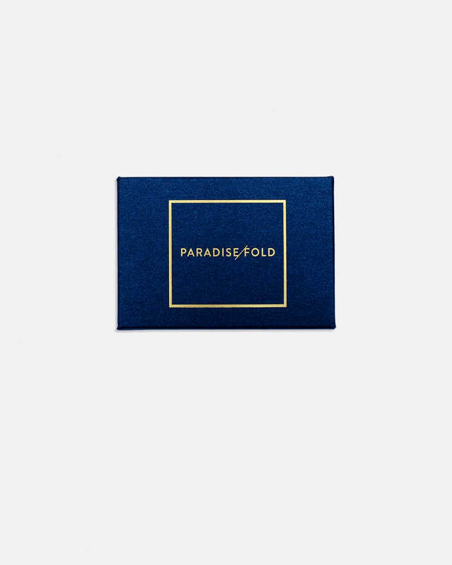 Paradisefold navy gift box with gold frame, silk sleep accessories handmade in London