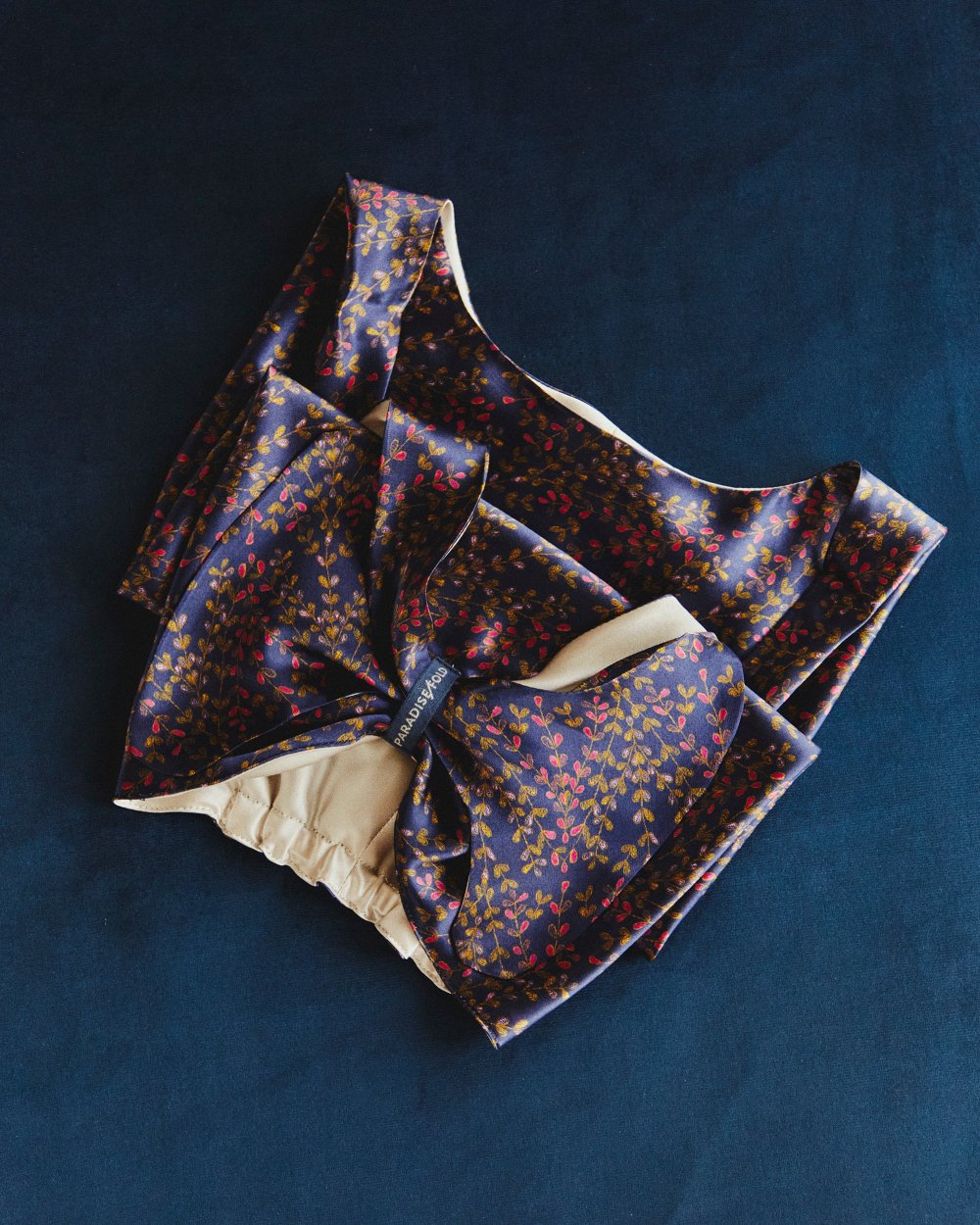 Homage to the Past silk hair and head wrap, reversible design showing second print