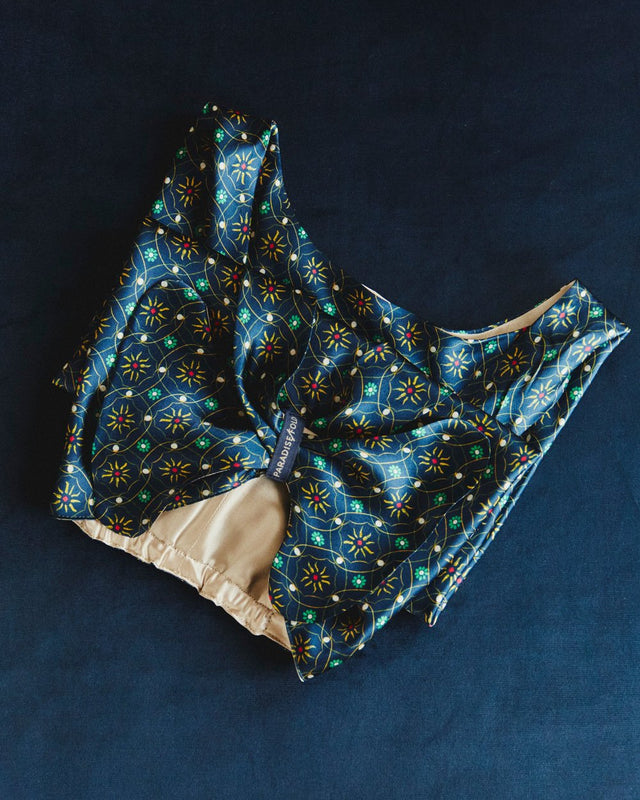 Innocence Fold silk hair and head wrap, reversible design showing second print